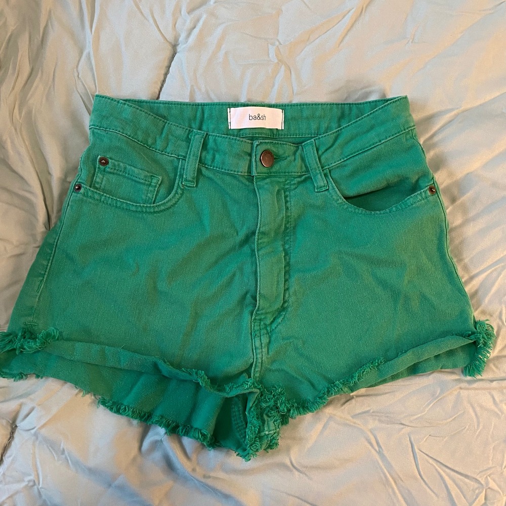 ba&sh Clue Lady Shorts Women 2 Green Denim High Waist Frayed Hem